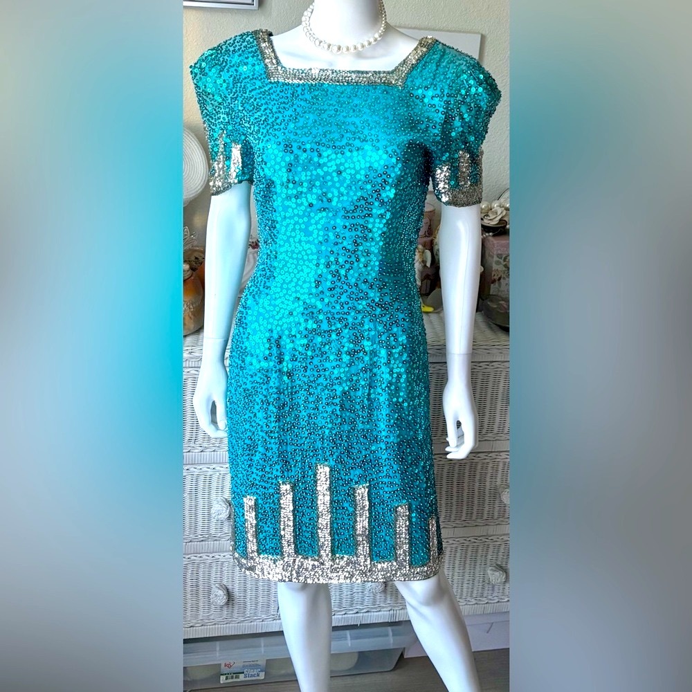 Nadine Boutique Vintage Sequined Silk Dress Hand Beaded Aqua Blue Silver Size M